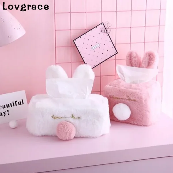 Sweet Color Pink White Plush Rabbit Tissue Box Durable Home Car Hotel Sofa Paper Tissue Holder Napkin Case Pouch Girl's Gift