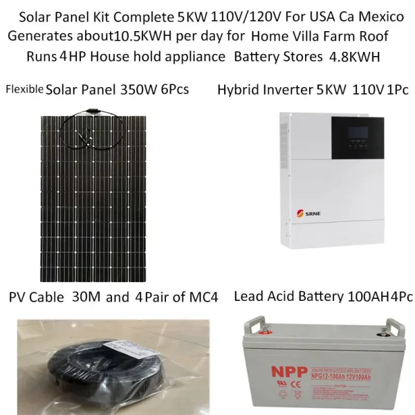 Flexible Solar Panel Kit Complete With Battery 5000W 5KW 220v 110V MPPT Hybrid Inverter Off Grid Home 4HP Car Caravan Camping