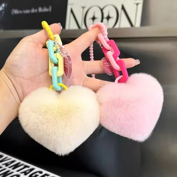 Lovely Heart-Shaped Keychain Cute Fluffy Plush Doll Car Keyring Charm Bag Pendant Accessory Women Girl's Gifts