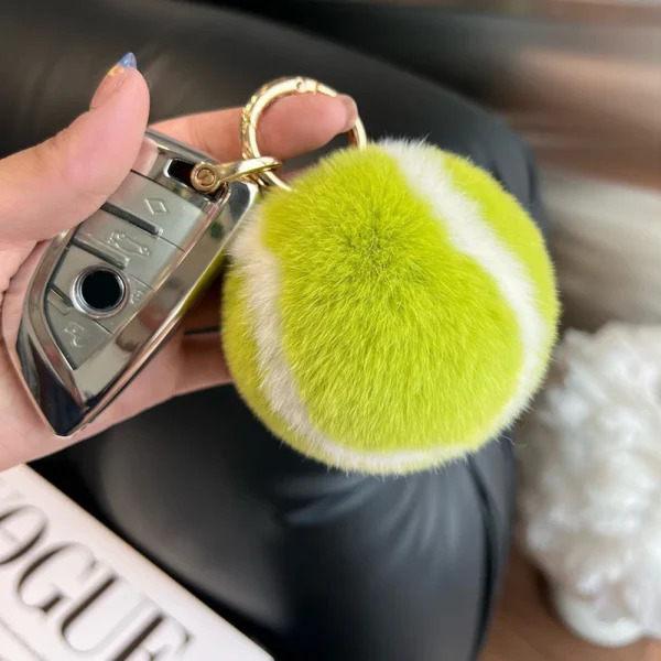 Cute Tennis Real Rabbit Fur Tennis Car Keychain Pendant Ins Plush Ball School Bag Hanging Ornaments For Girl'S Gift New