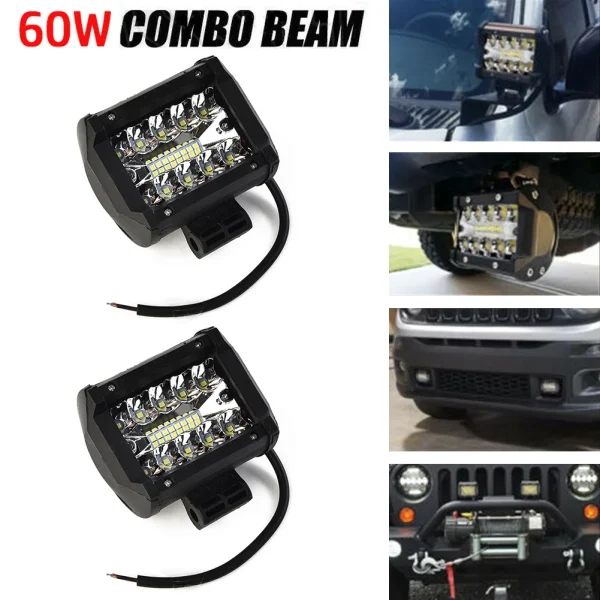 Black 60W LED Work Light Bar Spot Flood Pods Offroad Fog Lamp SUV ATV UTV Barra LED Headlights Car Accessories Durable