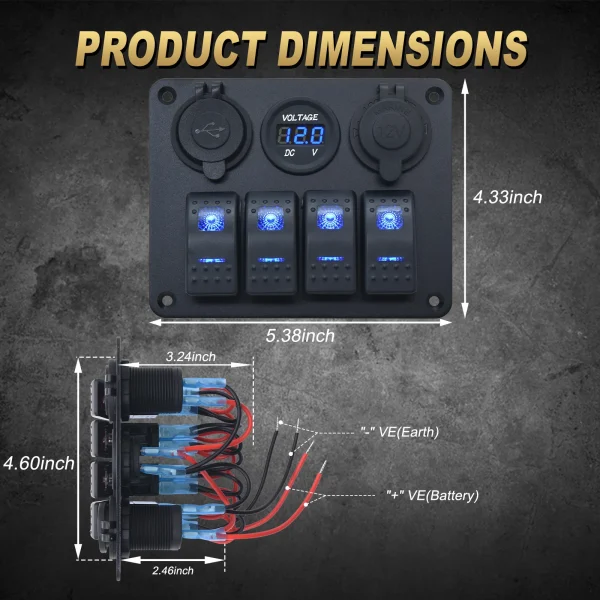 4 Buttons Rocker Switch Panel Voltmeter USB Chargers 3.0 Light Toggle 12V 24V Accessories for Boat Marine Car RV Camper Caravans