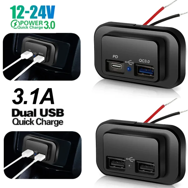 QC3.0 PD Car Charger Socket Quick Charge Dual USB Charger Outlet Panel Power Adapter for Truck Camper Caravan Accessories 12/24V