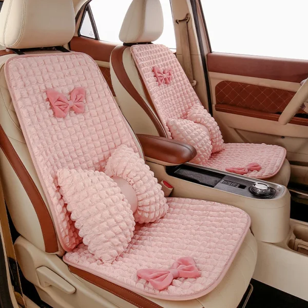 Pink Bow Tie Women's Car Cushion Seat Cover Soft Puff Bubble Cute Girl's Auto Luxury Interior Breathable Four Season Universal